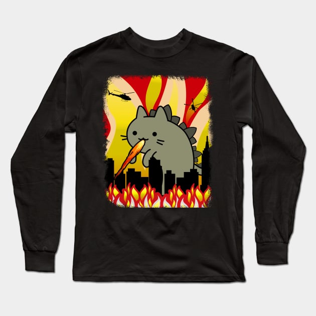 neko kaiju cat fire monster burning city Long Sleeve T-Shirt by GlanceCat